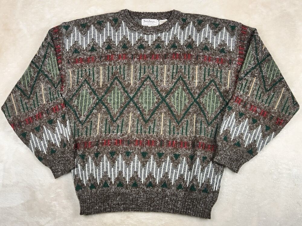 Vintage Santana Sweater Mens XL Geometric Knit Pullover 90s Brown Red